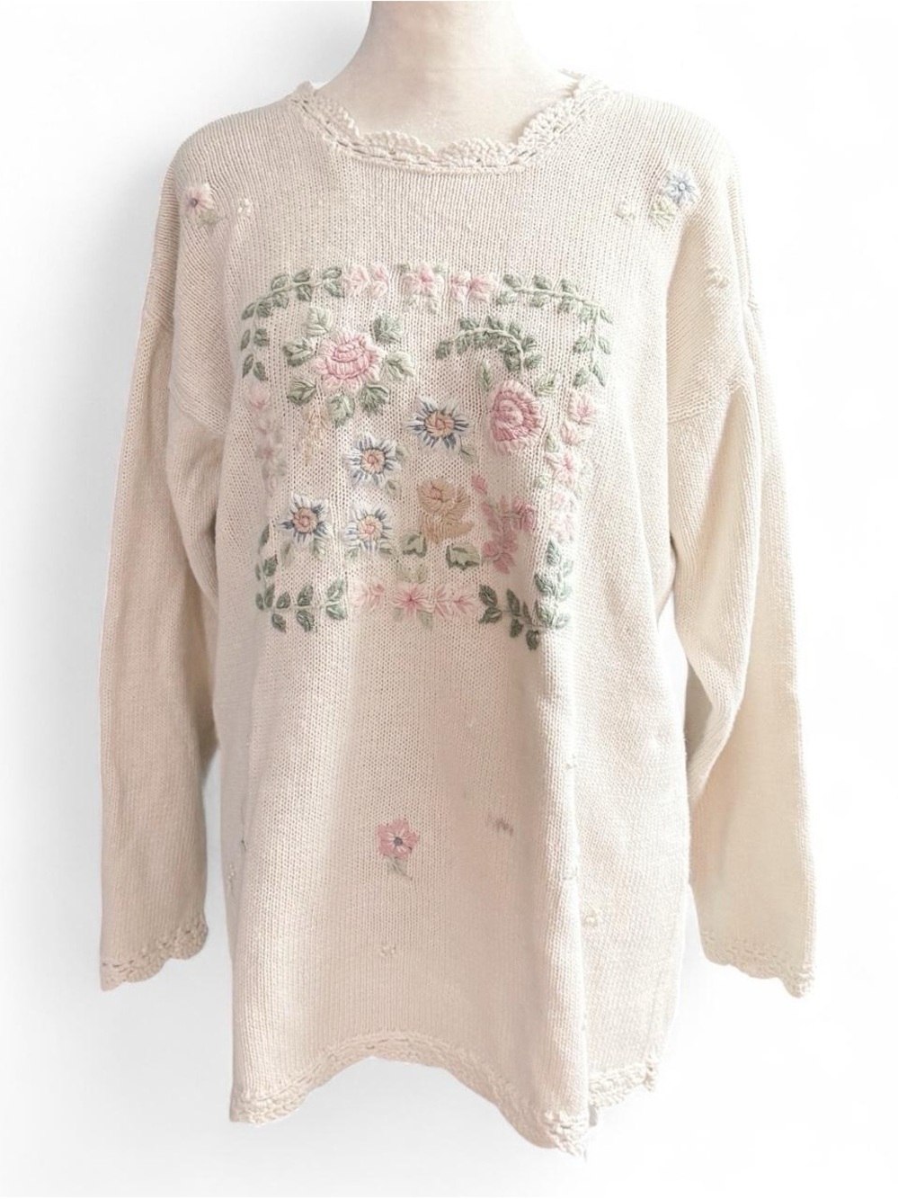 Vintage 90s Shenanigans Cream Floral Embroidered Sweater, Size Medium